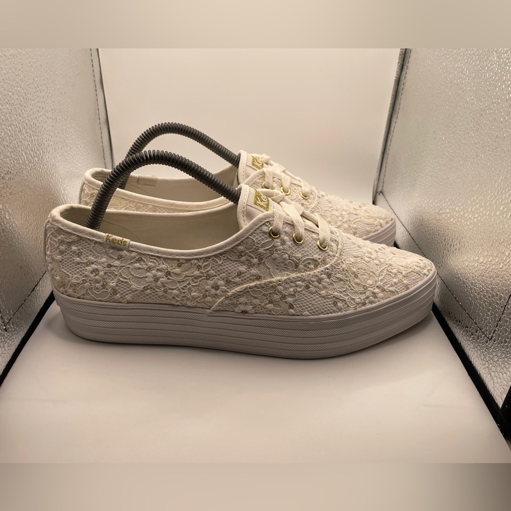 Keds Lace Platform Sneakers in Cream with Gold Accents - Picture 2 of 9